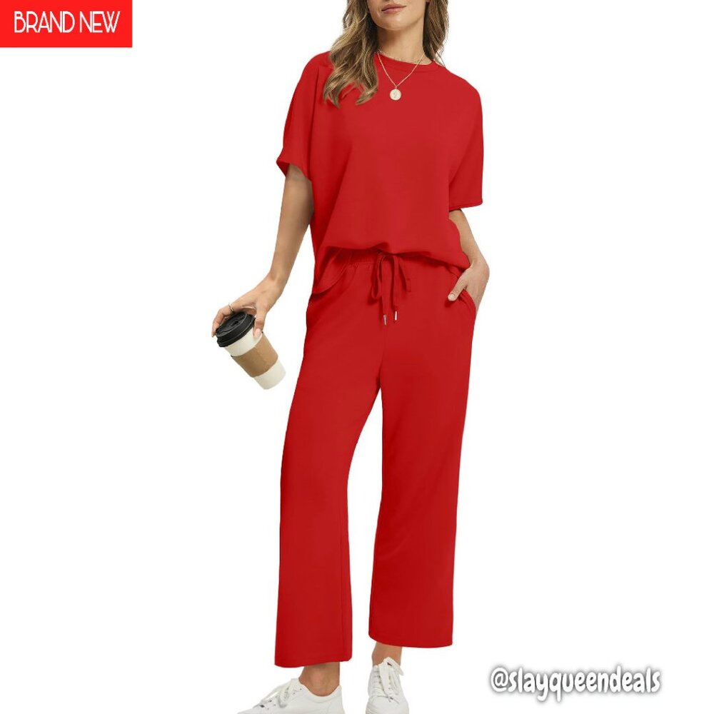 Oversized Wide Leg Crop Pants Lounge Set Lightweight Stretch Fabric